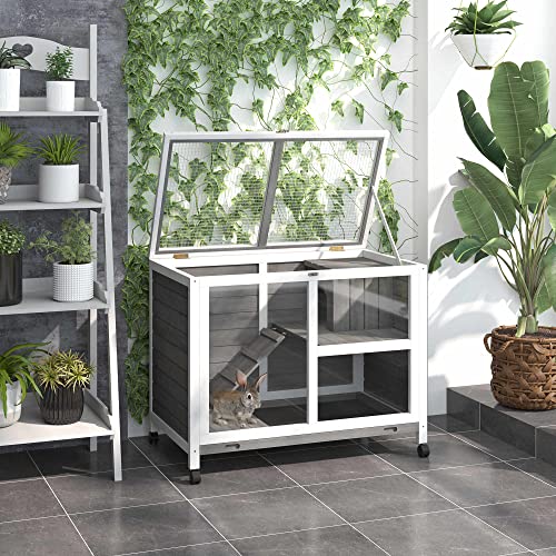 PawHut Indoor Rabbit Hutch with Wheels, Desk and Side Table Sized, Wood Rabbit Cage, Waterproof Small Rabbit Cage, Natural