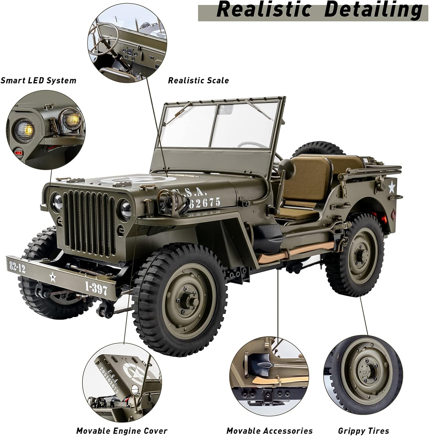 RocHobby 1/12 1941 MB Scaler RC Jeep, 4x4 Hobby Grade RTR RC Car Mini RC Rock Crawler Military, 2.4Ghz RC Truck with 180 Brushed Motor, LED Lights, Battery and USB Charger for Adults