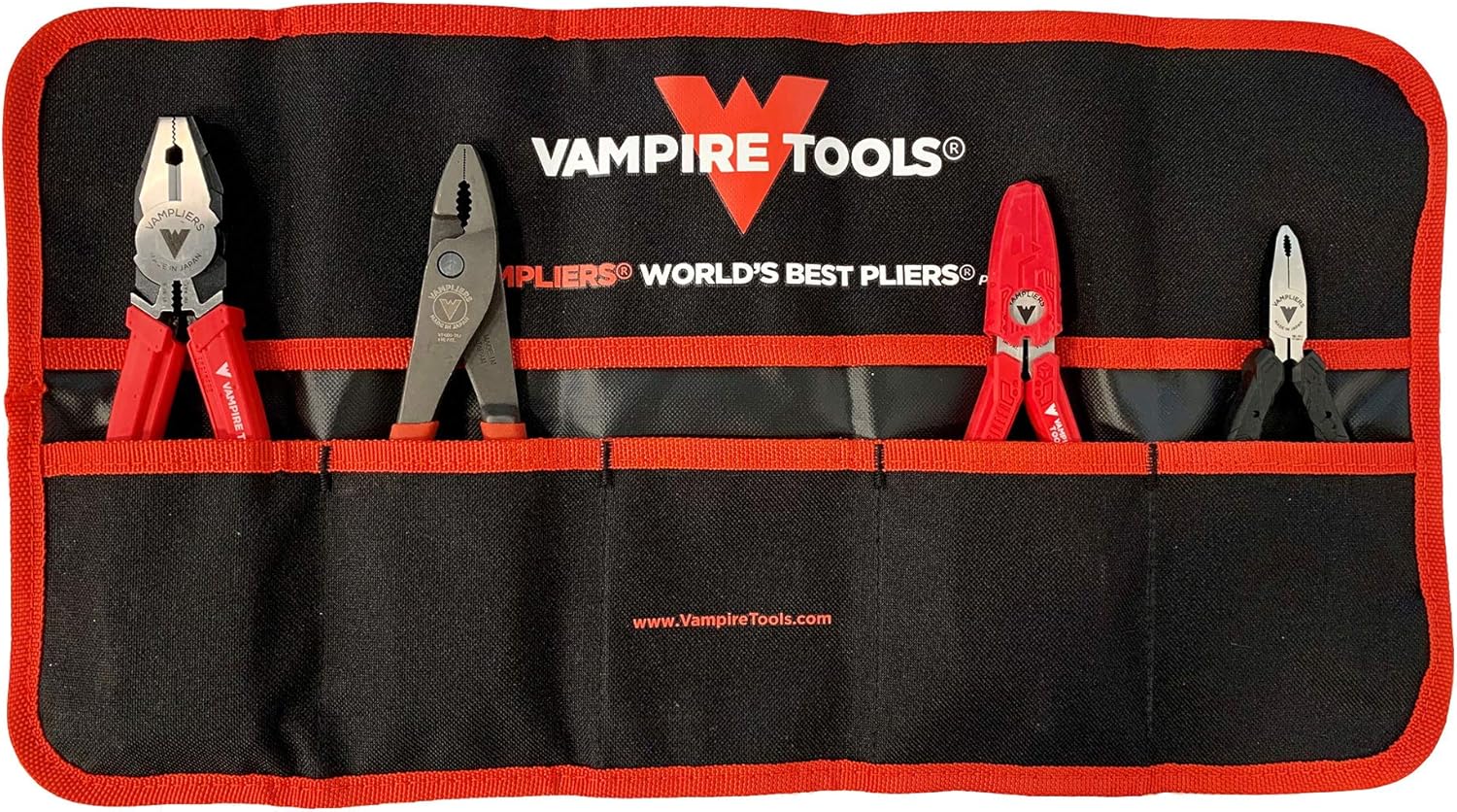 VAMPLIERS 4-Piece Screw Extractor Pliers Tool Set. High Carbon Steel. Made in Japan: 8" Linesman Combination Pliers, 7" Slip-Joint, 6.25" Multipurpose Pliers & 5" ESD Safe Grip Pliers + Tool Pouch.