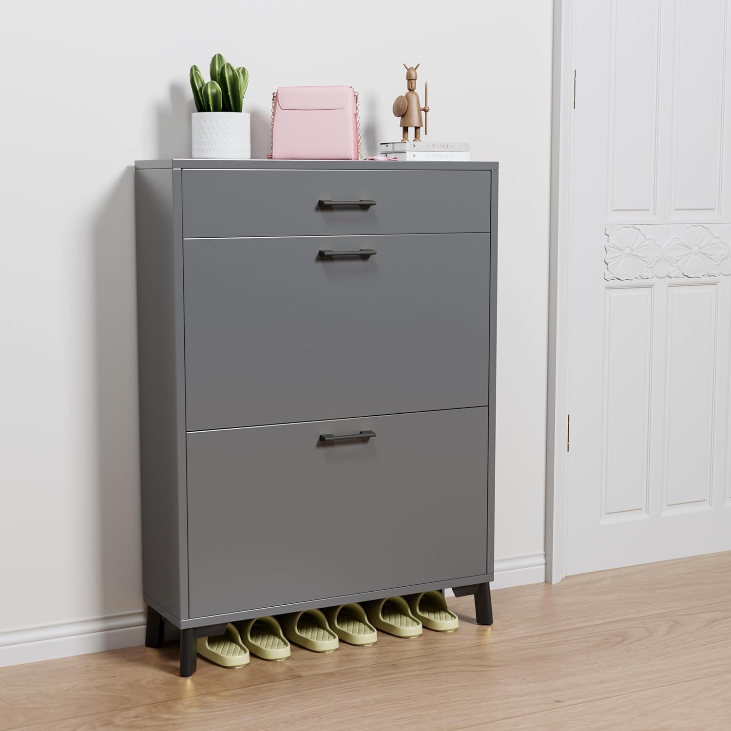Hidden 2 Flip Entryway, Wood Thin Drawer, Modern Front Entry Rack, Free Standing Organizer for Doorway Hallway (Gray), 32" Slim Shoe Storage Cabinet