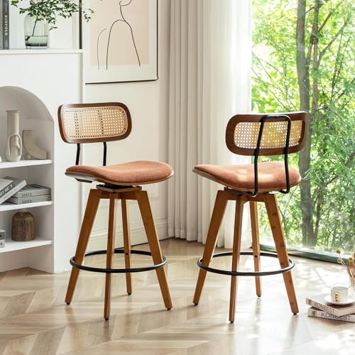 26" Rattan Bar Stools Set of 2, Linen Fabric Counter Height Swivel Barstools with Rattan Backrest and Wooden Legs,Armless Mid Century Modern Bar Chairs for Kitchen/Dining Room,Cafe Brown
