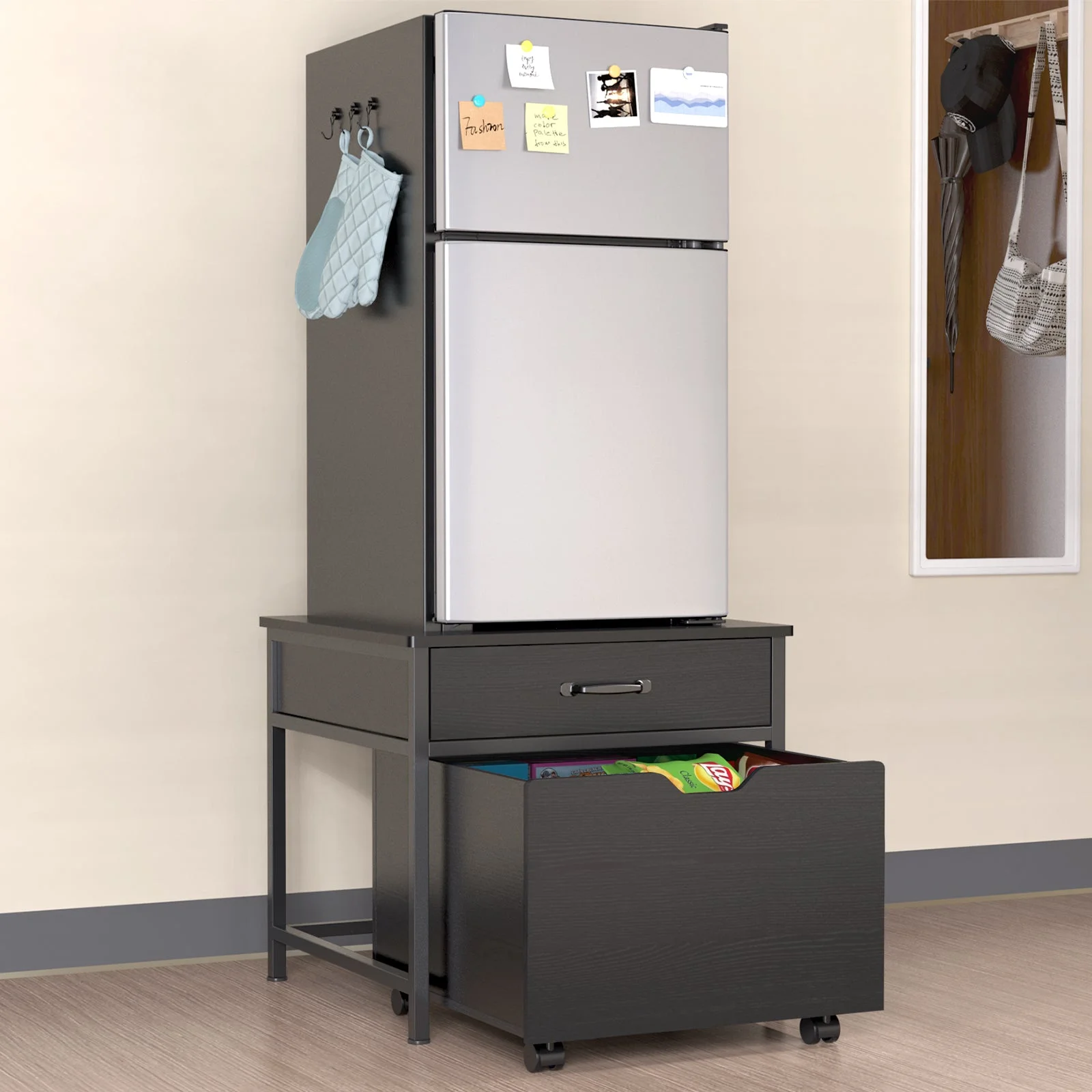 Mini Fridge Stand with Storage, Heavy Duty Mini Fridge Table with Rolling Cabinet