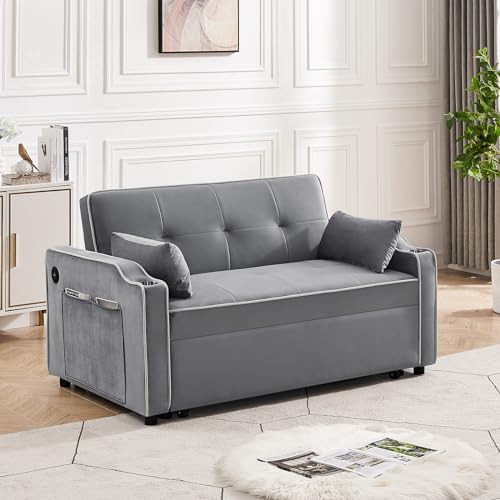 3 in 1 Convertible Sleeper Sofa Bed, Velvet Sofa Couch with Pull Out Bed, Modern Loveseat Sofa with Adjustable Backrest/Side Pockets/USB Charging/Cup Holders for Living Room Bedroom (Gray)