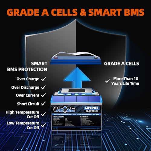WEIZE 12V 100Ah LiFePO4 Lithium Battery, Upgrade Mini Size & Lightweight, 100A Smart BMS, Deep Cycle Low Temperature Protection Battery for RV, Solar, Marine, Trolling Motor, Off Grid Applications