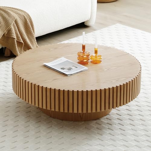 Walnut Wood Coffee Table 31.49" Round Handcraft Drum Coffee Table with Vertical Texture Relief Design Modern Circle Pedestal Tea Table Cocktail Table Center for Living Room,Apartment