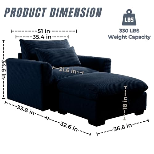 Accent Chair Oversized Arm Chair Corduroy Fabric Single Sofa Chair with Storage Ottoman Comfy Reading Chair Extra Large Extra Deep Extra Wide Living Room Chairs for Bedroom Office Apartment
