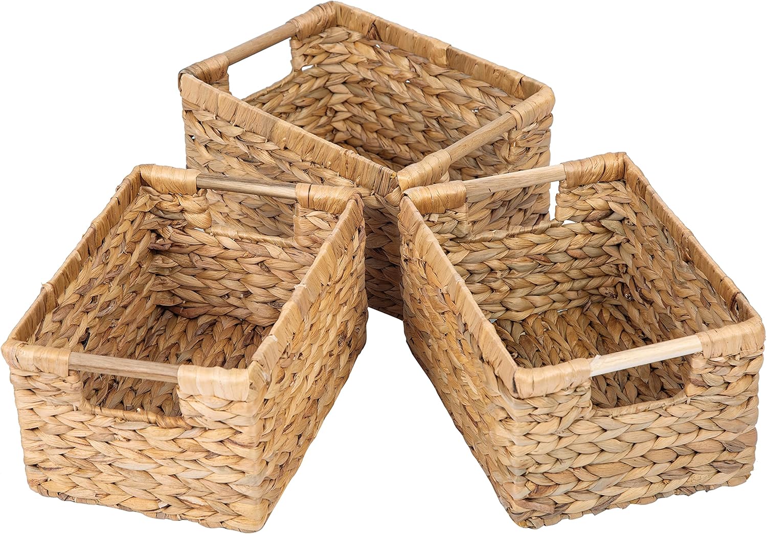 VATIMA Large Wicker Basket Rectangular with Wooden Handles for Shelves, Water Hyacinth Basket Storage, Natural Baskets for Organizing, Wicker Baskets for Storage 14.5 x 10.3 x 7.2 inches