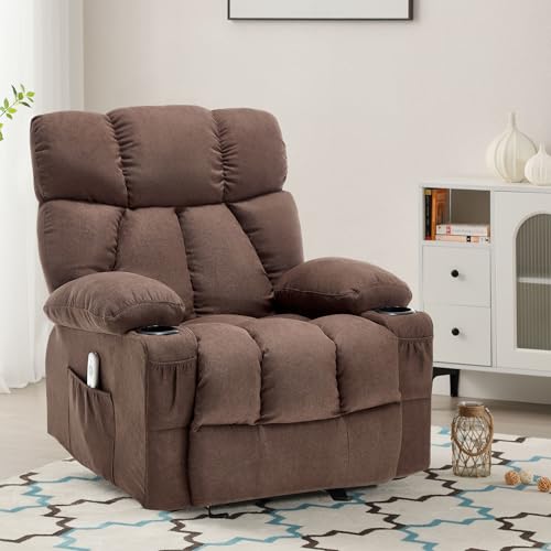 Massage Rocker Recliner Chair with Heat and Vibration Ergonomic Rocking Lounge Chair for Living Room Comfy Overstuffed Recliner with 4 Side Pockets,2 Cup Holders, USB Charge Port, Grey