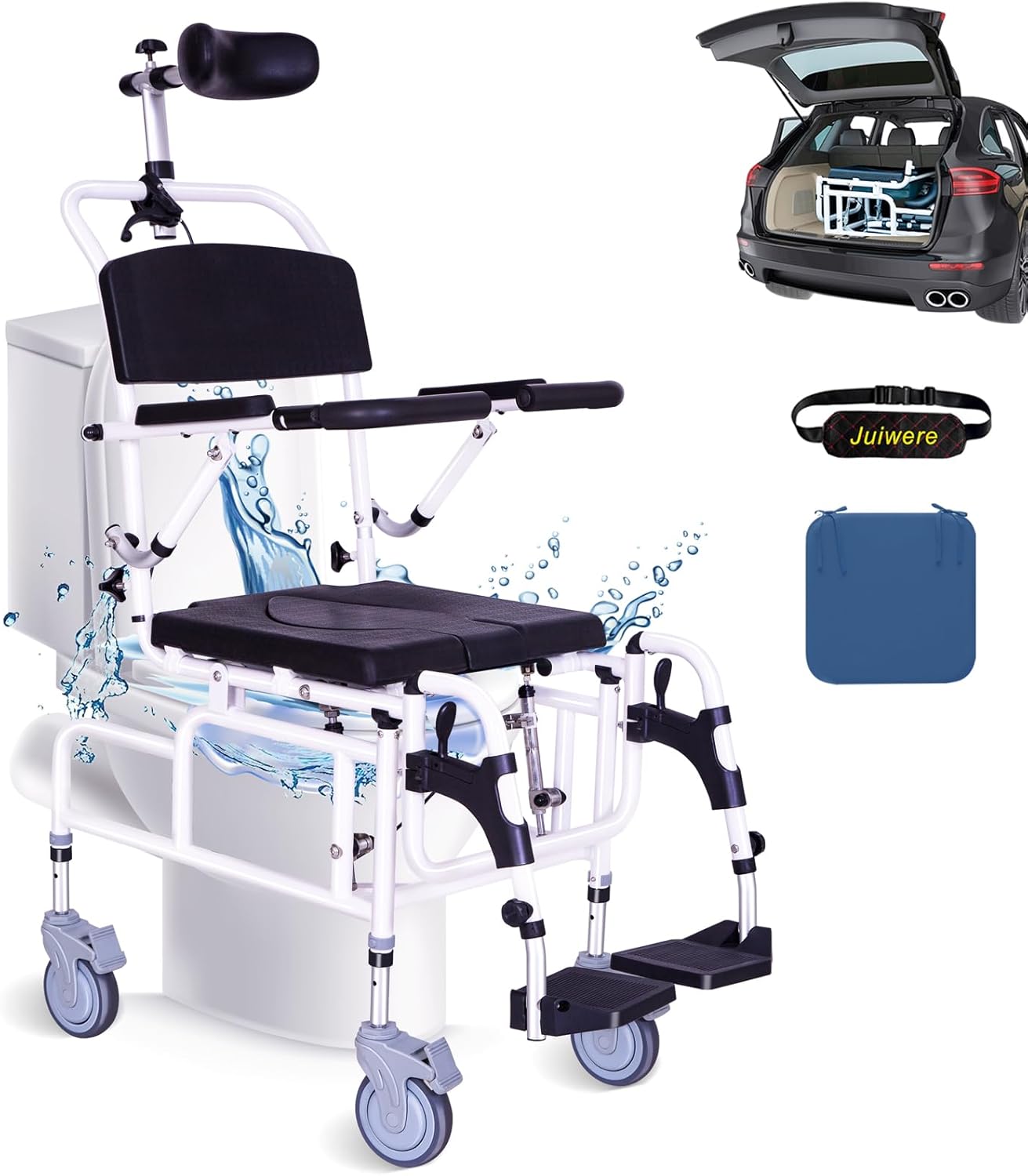 Reclining Shower Chair, Medical Shower Chair with Arms and Back Hospital Toilet Chair, Potty Chair for Adults Bathroom Wheelchairs with Soft Seat Cushions and Safety Belts