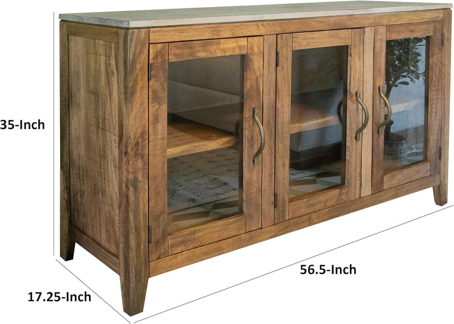 Benjara Asic 57 Inch Sideboard Console Cabinet, Glass Doors, Rustic Brown, Shelf