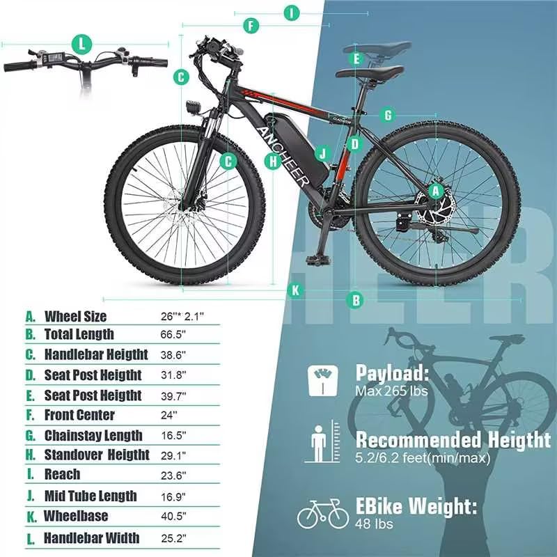 ANCHEER 500W 26" Electric Bike for Adults, [Peak 750W], 48V 10.4Ah Battery, Up to 55 Miles, 3H Fast Charge, Electric Mountain Bike, 2.1" eMTB Tire, 21 Speed, 22MPH Adults Electric Bicycle