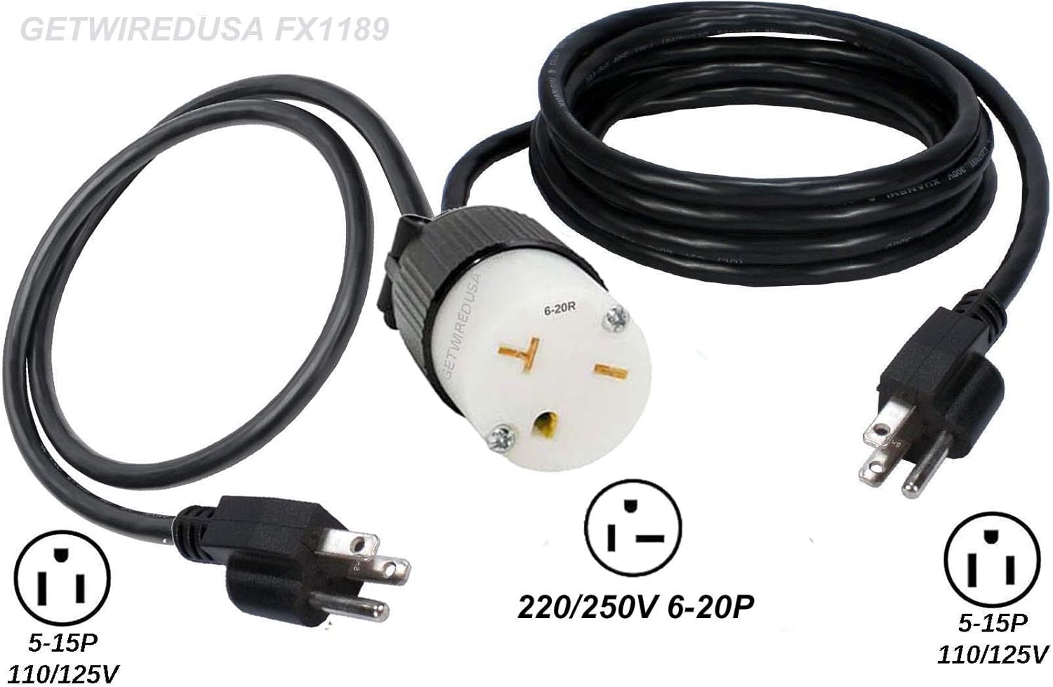 110/125V to 220/250V AC Power Adapter, Electric Converter, 6-20R Female Receptacle To 5-15P 3-Prong Male Plug. NEMA FX1189