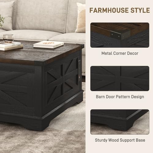 36" Farmhouse Movable Lift Top Coffee Table with Storage and Power Outlets, Square Wood Living Room Tables with Wheels&Large Hidden Space, Lift Wooden Barn Door Center Table, White