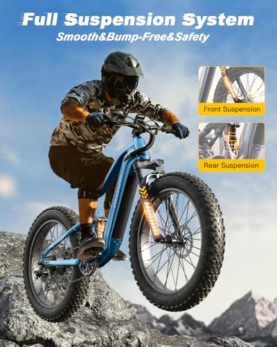 Boxer Electric Bike for Adults 1000W, 48V 20AH Battery Ebike, Full Suspension 26" Fat Tire E Bike, 28MPH 80Miles Range Mountain Electric Bicycle, 7 Speed Hydraulic Disc Brakes