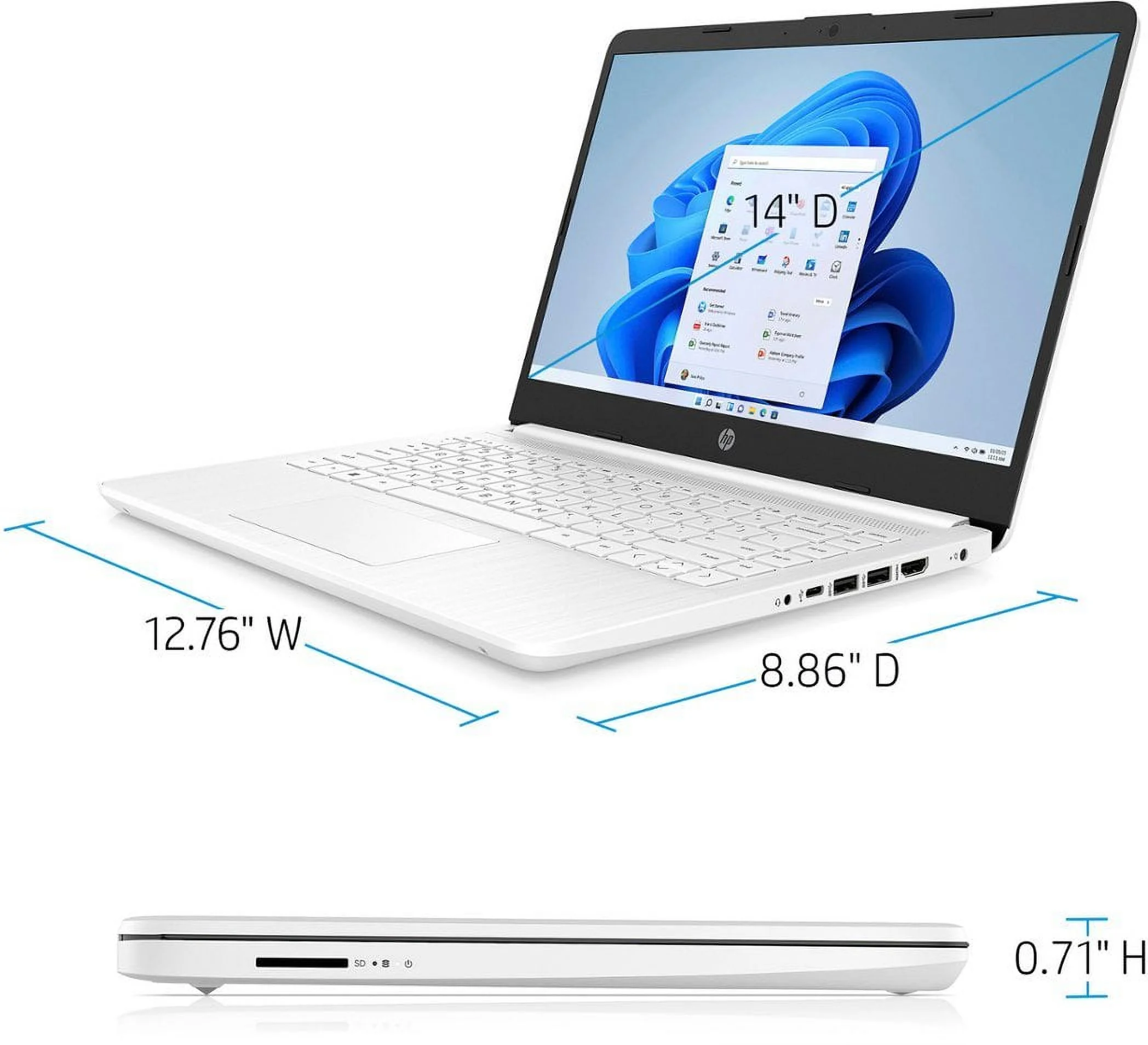 HP Essential Laptop, 14" HD Display, Intel Celeron N4120, 4GB RAM, 64GB eMMC, 1 Year Office 365, Webcam, SD Card Reader, HDMI, Wi-Fi, Windows 11 Home, White