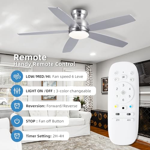 52 Inch Low Profile Ceiling Fans with Lights, Black Flush Mount Ceiling Fan and Remote, 3 Color LED Dimmable DC Reversible Modern Ceiling Fan for Living Room, Bedroom, Dining Room.