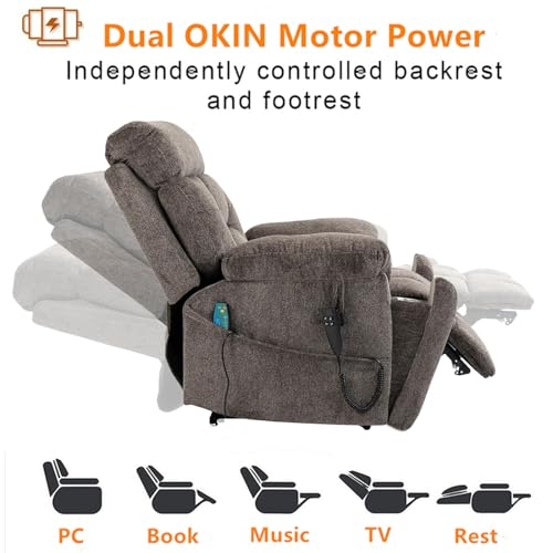 Light Grey Recliner Chair for Elderly | Tall and Big Man 400lbs | Chenille | Power Lift, Lay Flat, Stand Up, Wireless Charging Device, Extended Footrest, Massage Heat, Cup Holder, Lumbar Pillow