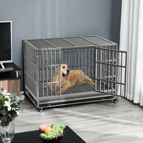 LEMBERI 48/38 inch Heavy Duty Indestructible Dog Crate, Escape Proof Dogs Cage Kennel with Lockable Wheels,High Anxiety Double Door Kennel,Extra Large Crate Indoor for Large Dog with Removable Tray