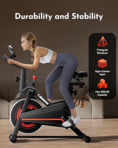 Exercise Bike, Low Noise Stationary Bikes for Home, Adjustable Brake Pad Indoor Cycling Bike, 300lbs Capacity Compact Workout Bike with Tablet Mount & Comfortable Padded Seat