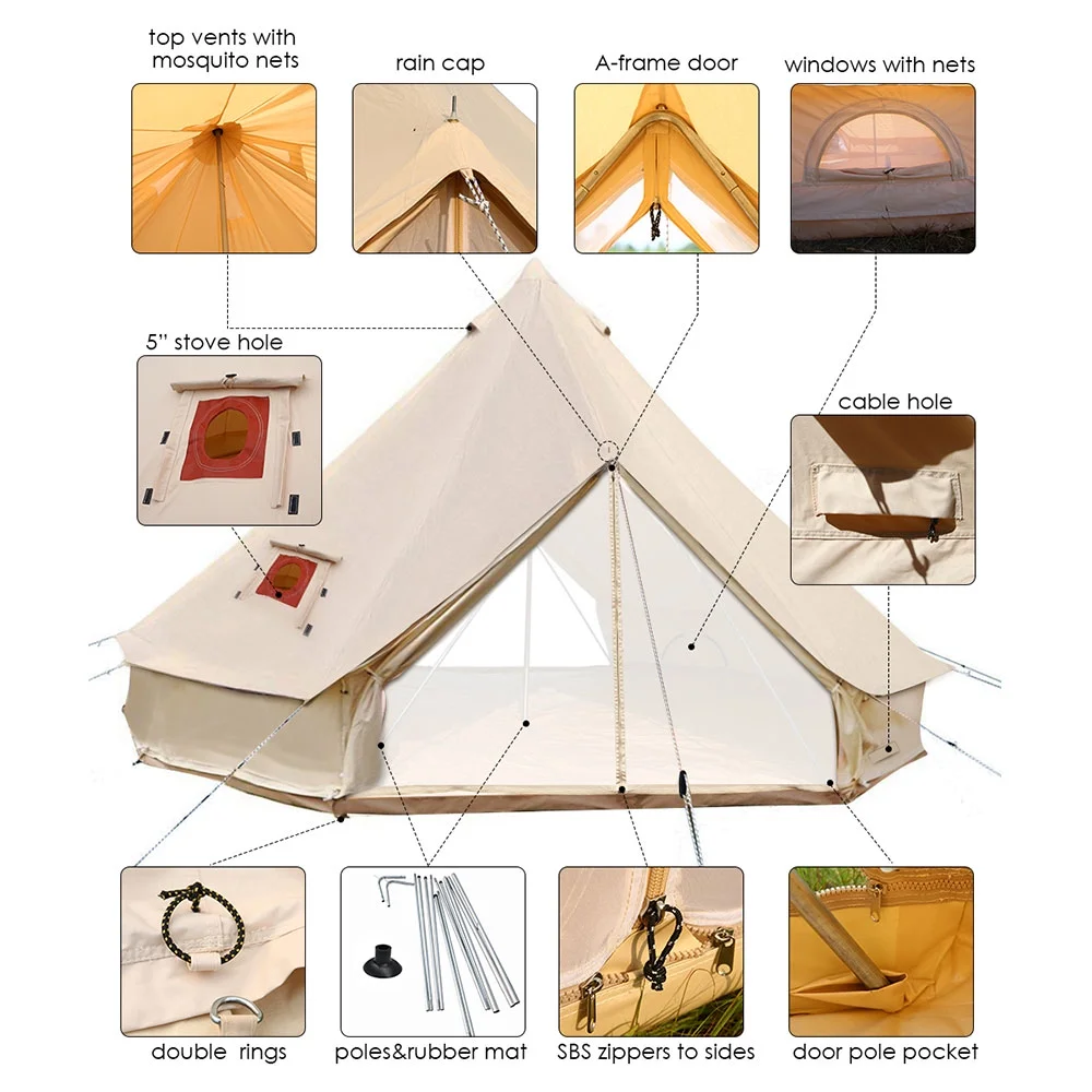 UNISTRENGH 6M Double Door Bell Tent Waterproof Cotton Canvas Glamping Tent Yurt for Wedding