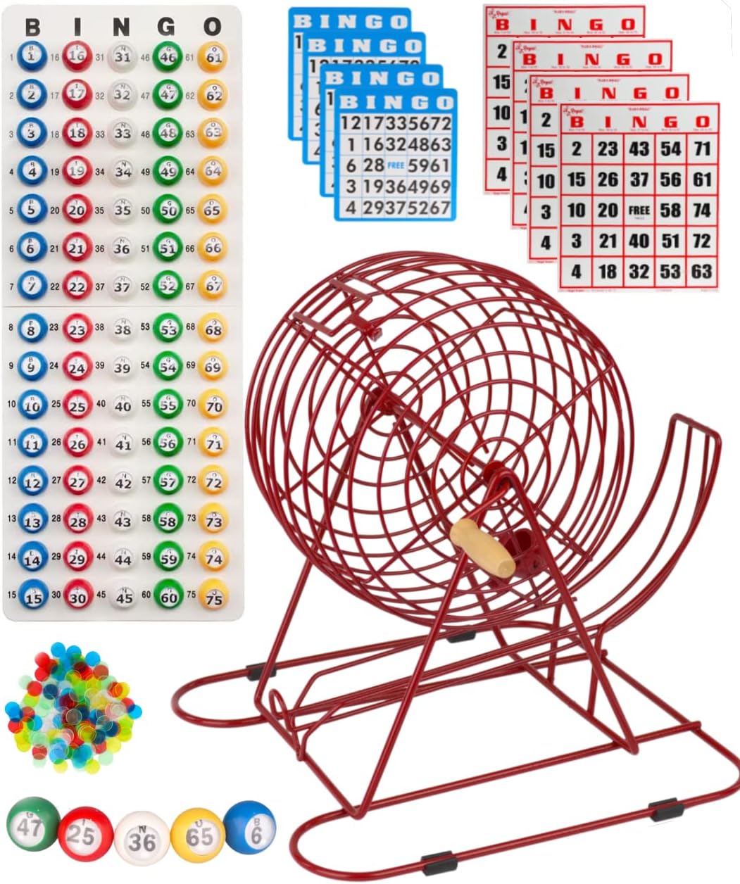 Regal Games - 11” Red Party Bingo Cage - Includes 50 Jumbo Reusable Cards, 18 Standard Bingo Cards, 150 Chips, Master Board, 75 Bingo Balls - for Group Games, Bingo Hall, & Holiday Activities