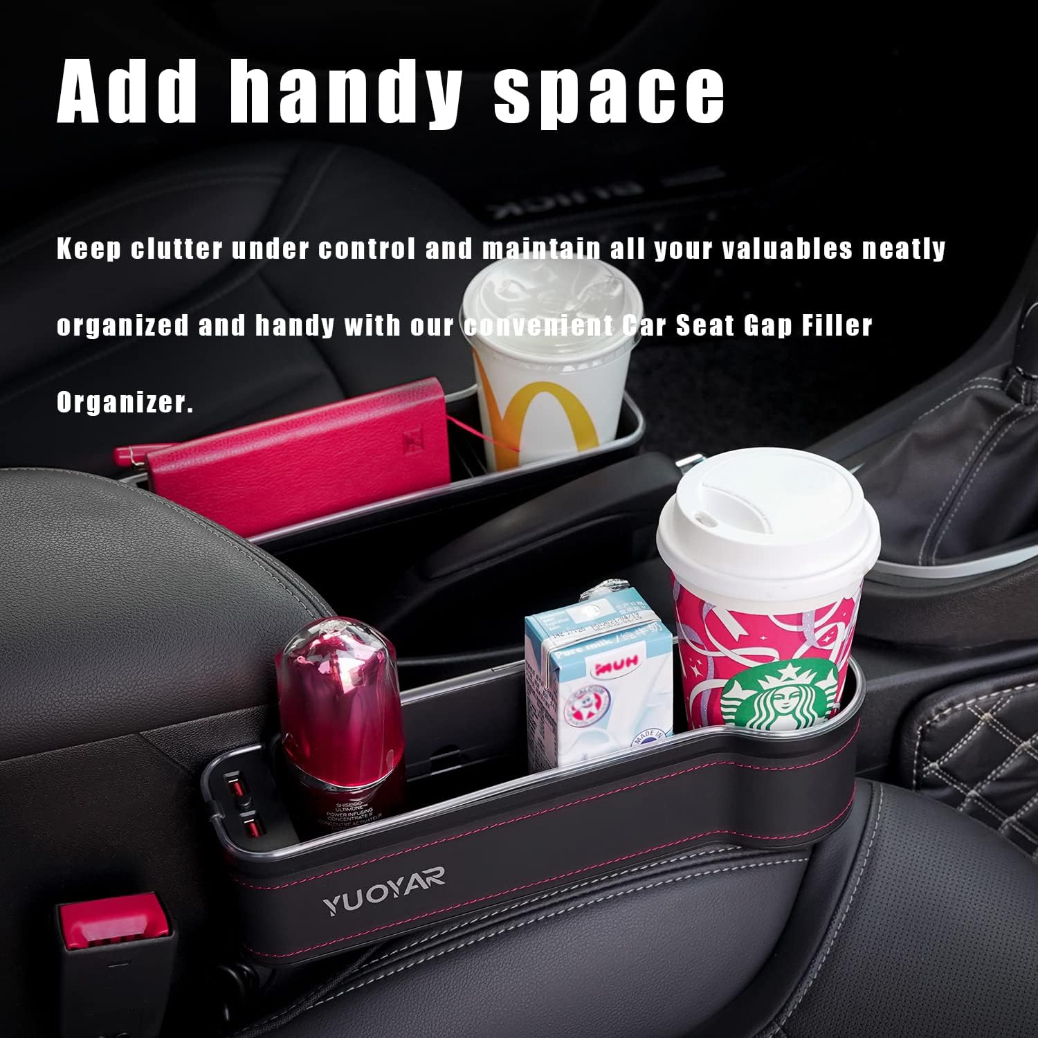 Yuoyar 2 Pack LED Light Car Seat Organizer Front Seat - Car Seat Gap Filler Organizer for Drivers - Car Side Seat Gap Filler Organizer Universal Fit with 1 Cigarette Lighter USB Charger(SN-L1) Pack of 2