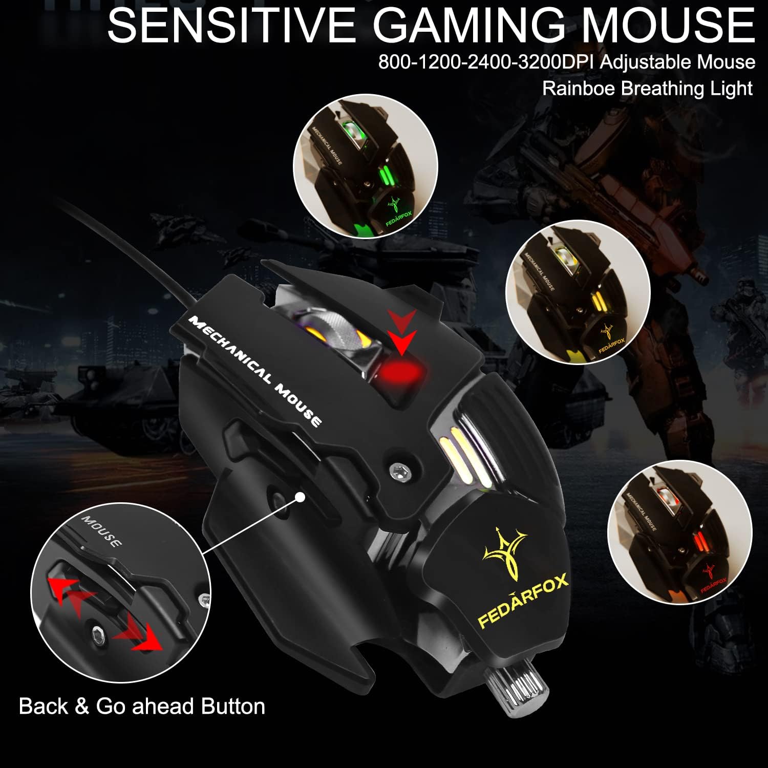 Gaming Keyboard and Mouse - FEDARFOX Wired Rainbow Led Keyboard Mouse Combo Backlit Illuminated Mice Mechanical Feeling Keyboard with Removable Hand Rest RGB Keyboard for Windows PC GamerPS4