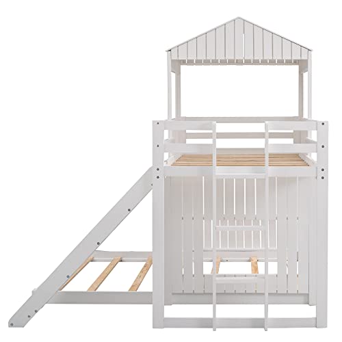 Harper & Bright Designs House Floor Bunk Beds with Slide, Wooden Twin Over Full Bunk Beds with Slide, Roof and Guard Rail for Kids, Teens, No Box Spring Needed (White, Twin Over Full Size)