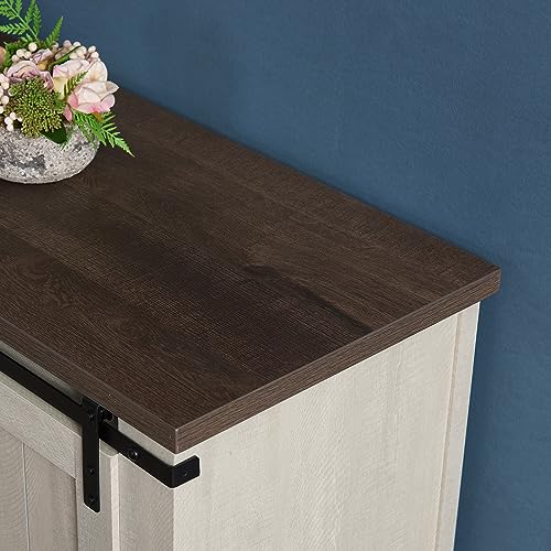 Farmhouse TV Stand with Sliding Barn Doors, Wood Entertainment Center with Media Console Storage Cabinet & Open Storage Space, for TV Up to 60", Television Stand for Living Room, Light Gray