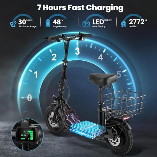 Caroma Peak 800W/1200W Electric Scooter Adults, 30 Miles Max Range, Foldable Electric Scooter with Seat, Front Suspension, Detachable Large Basket,Commuter E-Scooter for Adult and Teens