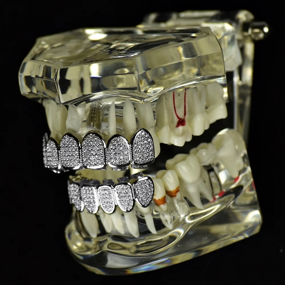 Grillz Set CZ Micro Pave Top & Bottom Silver Tone Micropave Gems Hip Hop Teeth Grills