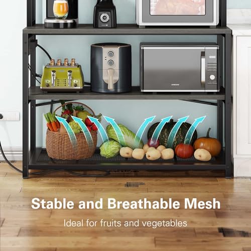 Denkee 39.4 Inch Wide Large Bakers Rack with 3 Power Outlets, 5-Tier Microwave Stand with Storage, Freestanding Kitchen Stand, Coffee Bar Stand（Black）