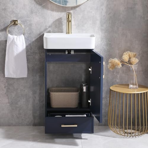 18 Inch Bathroom Vanity with Sink Set, Small Bathroom Vanity with Undermount Vessel Sink Combo, Blue Bath Rv Cabinet, 1 Door 1 Drawer Vanities with Golden Handles