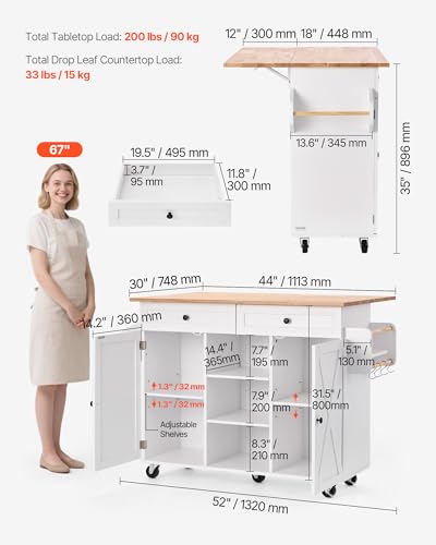 VEVOR Kitchen Island Cart with Solid Wood Top, 35.4" Width Mobile Carts with Storage Cabinet, Rolling Kitchen Table with Spice Rack, Towel Rack, and Drawer, Portable Islands on Wheels, White