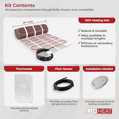 70sqft Floor Heating Mat Kit - 120v In Floor Heat Kit for Tile, Vinyl, Laminate - Easy to Install Infloor Heat System Includes UWG5 WiFi Programmable Thermostat w/GFCI, Alarm & Flooring Sensor