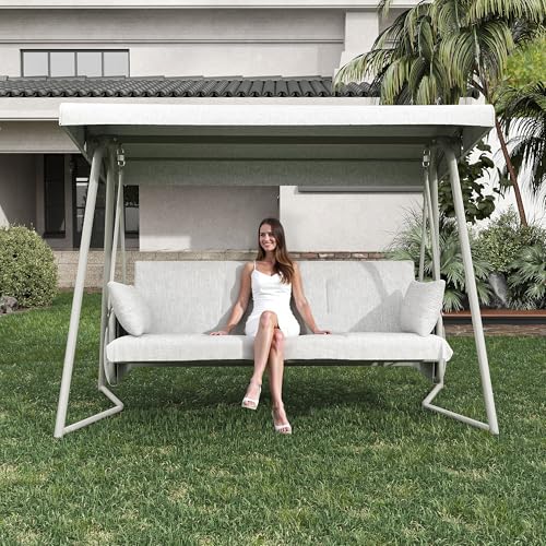 3-4 Person Oversized Outdoor Porch Swing with Adjustable Backrest Canopy,2-in-1 Swing Bed 800 lbs Capacity,Patio Swing with Removable Cushions for Yard Garden Poolside Balcony