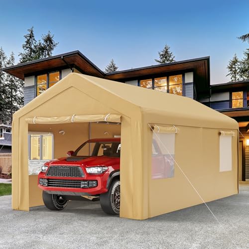 SUNCROWN Outdoor Carport, 10x20 FT Heavy Duty Portable Garage with 4 Roll-up Ventilated Windows, Removable Sidewalls and Doors, Car Canopy with All Weather Tarp for SUV, Boat, Party, Brown