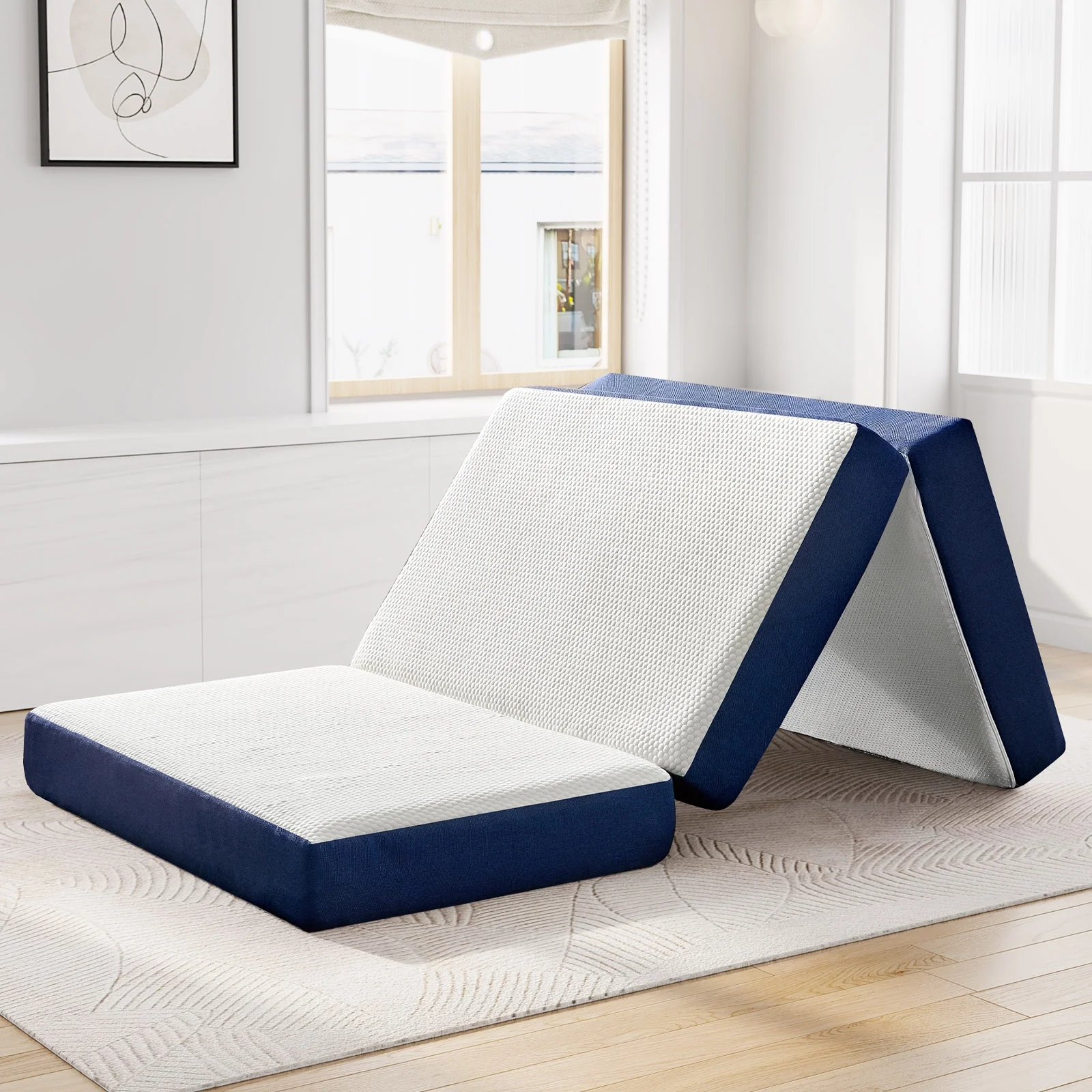 Queen Folding Mattress, Potctz 6 " Tri-Folding Mattress Topper, Folding Memory Foam Mattress with Washable Cover