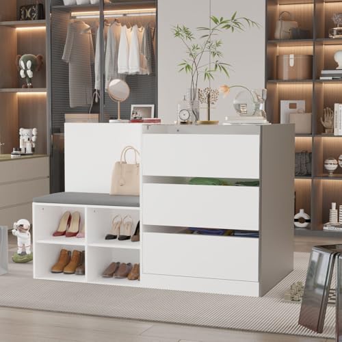 MOUMON Armoire Wardrobe Closet with Glass Tabletop & 9 Drawers, Glass Armoire Island with Cushion Bench & Shelves, Wardrobe Display Cabinet for Bedroom Cloakroom Store White, 27.6”D x 47.2”W x 31.5”H