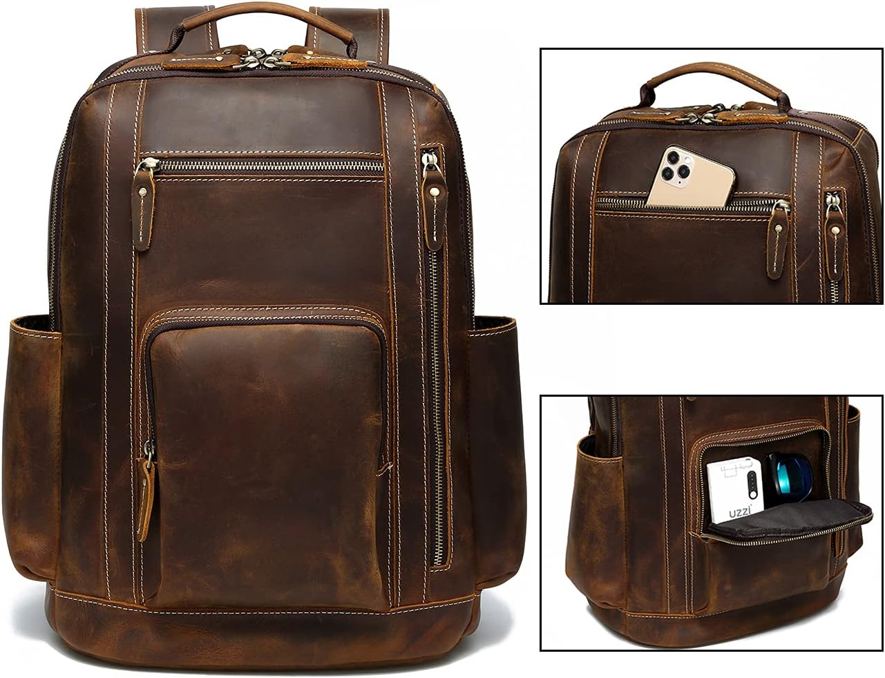 Lannsyne Men's Vintage Full Grain Leather Backpack for 16 Laptop Travel Hiking Camping Rucksack