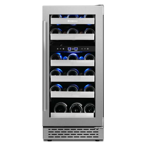 15" Wine Cooler Refrigerator Dual Zone-28 Bottle Capacity, Seamless Reversible Doors, Shelves Stainless Steel Edged, Built-in or Freestanding Wine Cooler for Home and Kitchen
