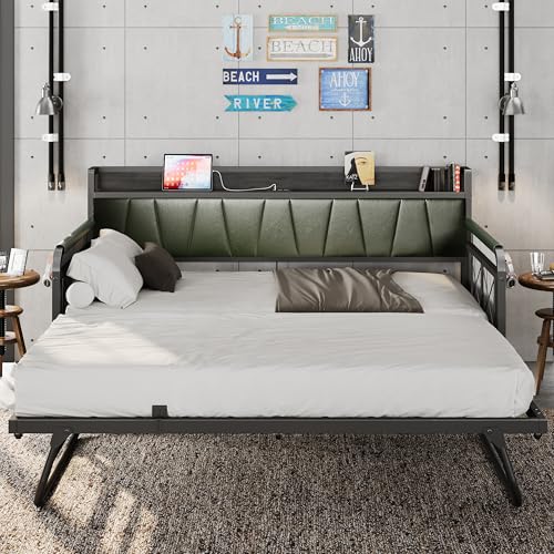 LIKIMIO Daybed with Trundle Bed, Twin Bed Frame with Storage Headboard and Charging Station, Sofa Day Bed with Strong Supports for Living Room, Bedroom, and Guest Room, Grey