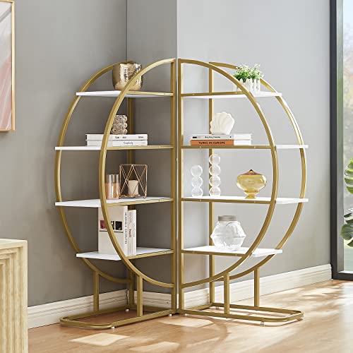 Tmosi 4 Tier Open Bookshelf, Modern Round Tall Bookcase Shelf Storage, Book Shelf with Metal Frame for Bedroom Home Office, Different Placement Ways (Golden+White)