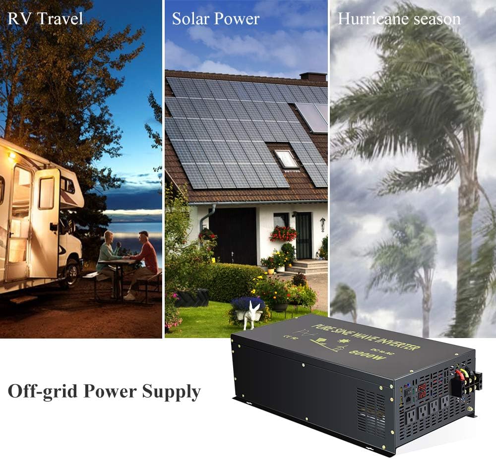 Reliable 8000W Continuous Power Heavy Duty Pure Sine Wave Power Inverter DC 48V to AC 120V with 4 AC Outlets Remote Control 66A Hardwire Terminal and LED Display for RV Car Solar System Emergency