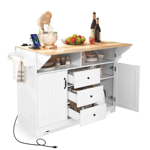 Foldable White 55.7 Inch Kitchen Storage Island Cart with 2 Drop Leaf Extensions, 5-Wheel Rolling Table, Power Outlet & USB Port, 3 Drawers Spice Rack Towel Holder for Small Spaces