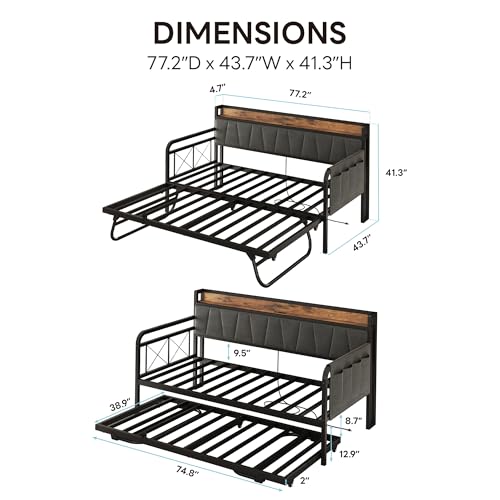 LIKIMIO Daybed with Trundle Bed, Twin Bed Frame with Storage Headboard and Charging Station, Sofa Day Bed with Strong Supports for Living Room, Bedroom, and Guest Room, Grey