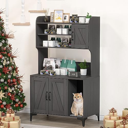 Cat Litter Box Furniture,Hidden Cat Box Enclosure with Shelf Storage, Wood Sturdy Cat Washroom Storage, Indoor Cat House Furniture, Grey