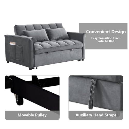 3 in 1 Convertible Sleeper Sofa Bed,Futon Loveseat Couch with Pull-Out Bed & Adjustable Backrest,Velvet Fabric Sofa with Side Pocket for Small Apartment, Living Room, Office (Black)
