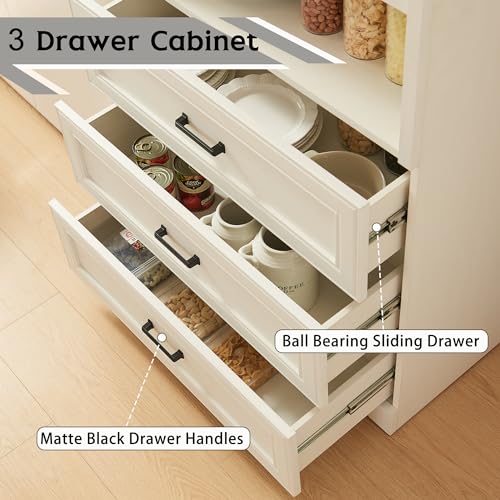 72" Tall Storage Cabinet, Farmhouse Kitchen Pantry with 3 Large Drawers & Adjustable Shelves, Versatile Cupboard for Kitchen, Dining Room, Bathroom, Antique White