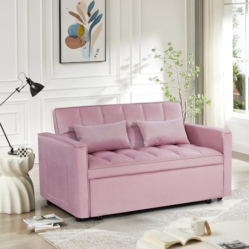 3 in 1 Convertible Sleeper Sofa Bed,Futon Loveseat Couch with Pull-Out Bed & Adjustable Backrest,Velvet Fabric Sofa with Side Pocket for Small Apartment, Living Room, Office (Black)
